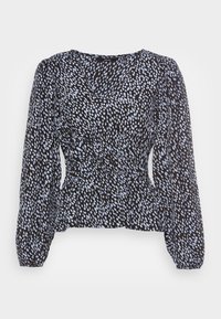 Svart blus med ljusblå splattermönster. Har långa ärmar, V-hals och en rynkad midja för en figurnära passform. Slät tygtextur.