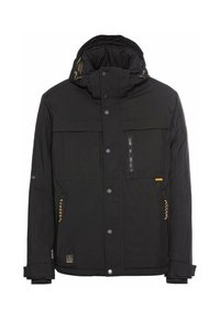 Black insulated jacket with a hood, zippered and flap pockets, and contrasting drawstrings. Features snap closures and textured fabric.