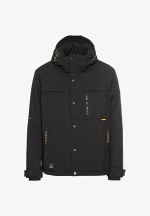 Black insulated jacket with a hood, zippered and flap pockets, and contrasting drawstrings. Features snap closures and textured fabric.