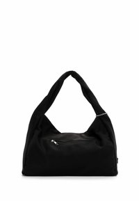 Sac hobo en tissu noir avec un design ample, une seule bandoulière et une poche zippée à l'avant. Comprend un accent en chaîne argentée.