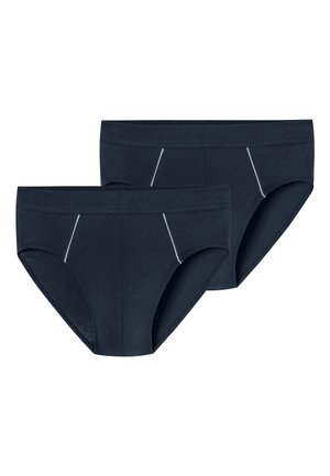 Zwei schwarze Herren-Slips mit einfachem Design und hellgrauen Nähten auf den Vorderseiten, nebeneinander präsentiert.