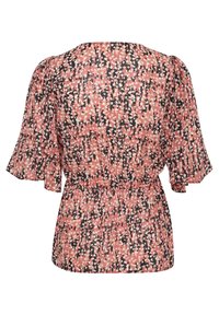 Chemisier pour femmes à manches courtes avec un motif abstrait rose, noir et blanc, taille élastique et manches larges évasées, vu de dos.