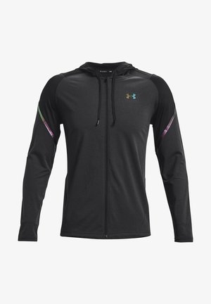 Schwarzer, sportlicher Hoodie mit durchgehendem Reißverschluss, langen Ärmeln, angenähter Kapuze mit Kordelzug und irisierendem Under Armour-Logo auf der Brust sowie Akzenten an den Ärmeln.
