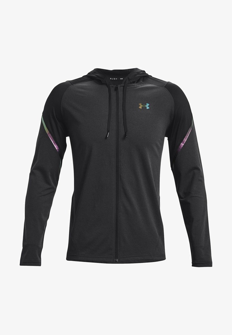 Sweat à capuche sportif noir à fermeture éclair intégrale, manches longues, capuche attachée avec cordons et logo irisé Under Armour sur la poitrine ainsi que des accents sur les manches.