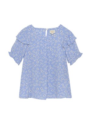 Blå blomstret bluse med korte volangerede ærmer, fremstillet af letvægtsstof, rund halsudskærning og knaplukning bagpå. Hvid margueritmønster.