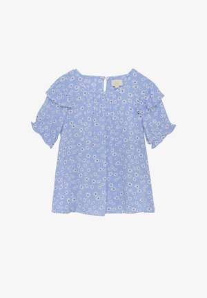 Blouse florale bleue avec de courtes manches volantées, en tissu léger, col rond et fermeture à boutons au dos. Motif de marguerites blanches.