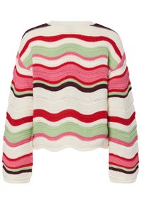 Maglione lavorato a uncinetto con strisce orizzontali ondulate nei colori bianco, rosso, rosa, verde e marrone scuro, maniche lunghe e scollo tondo.