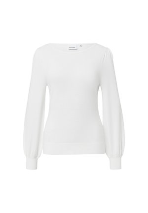 Haut blanc à manches longues avec un col rond, des manches bouffantes froncées et une taille ajustée. Fabriqué en tissu doux et texturé.