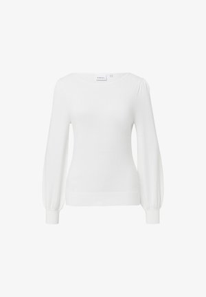 Witte lange mouw top met een ronde halslijn, geplooide ballonmouwen en een aansluitende tailleband. Gemaakt van zachte, gestructureerde stof.