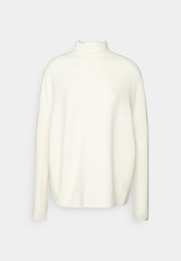 Biały sweter z golfem, wykonany z miękkiego materiału, z luźnym krojem, długimi rękawami i bocznymi rozporkami dla dodatkowego komfortu i stylu.