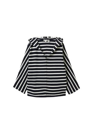 Pasiasta kurtka z kapturem w kolorze granatowym i białym. Posiada dekolt w serek, szerokie rękawy oraz luźny krój, wykonana z gładkiego, strukturalnego materiału.