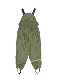 Olive green waterproof overalls with adjustable straps, elastic waistband, and reflective strip across the legs. Smooth texture, loose fit.