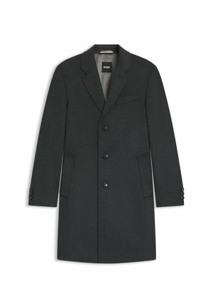 Manteau en mélange de laine de couleur gris foncé, doté d'un col cranté, de quatre boutons sur le devant, de deux poches latérales et de poignets boutonnés. Texture lisse.