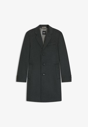 Wool blend overcoat in dark gray, featuring a notch lapel, four front buttons, two side pockets, and buttoned cuffs. Smooth texture.