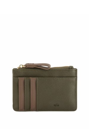 Olive green leather wallet with zip closure, featuring three card slots and a brown accent stripe. Textured surface and gold hardware.