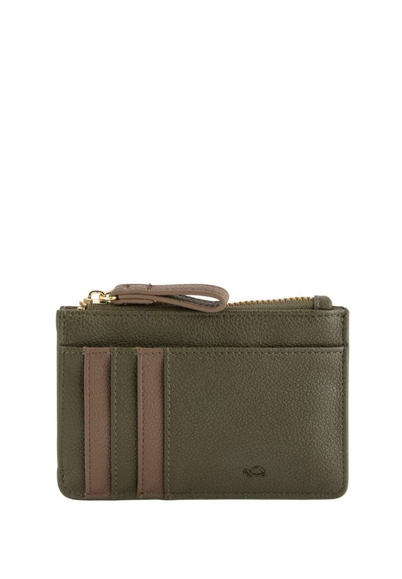 Olive green leather wallet with zip closure, featuring three card slots and a brown accent stripe. Textured surface and gold hardware.