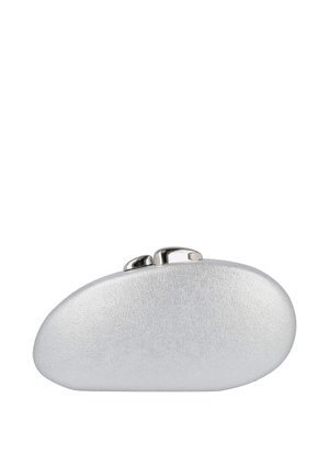 Bolso de mano ovalado plateado con superficie texturizada y dos cierres metálicos brillantes en la parte superior sobre fondo blanco.