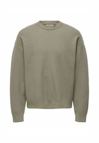 Maglione lavorato a maglia verde oliva con scollatura a girocollo, spalle cadenti e polsini e orlo a costine. Tessuto strutturato con una vestibilità rilassata.