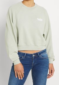 Sweat-shirt court vert clair avec manches raglan longues, arborant un petit logo blanc Levi's sur la poitrine, porté avec un jean bleu foncé.