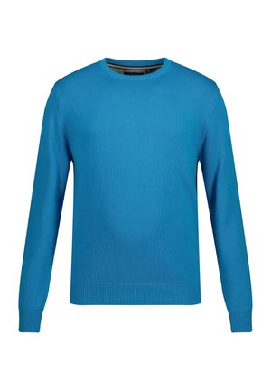 Maglione azzurro a maglia con collo rotondo, maniche lunghe e polsini e orlo a costine. Realizzato in un tessuto leggero con una texture liscia.