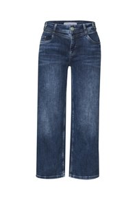 Mörkblå denimjeans med raka, vida ben, framknäppning, dragkedja, bälteöglor och klassisk femfickdesign.