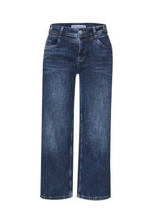 Jean en denim bleu foncé avec des jambes larges et droites, bouton frontal, fermeture éclair, passants de ceinture et design classique à cinq poches.