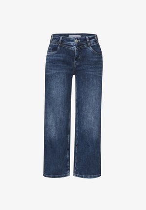 Dunkelblaue Denim-Jeans mit geraden weiten Beinen, Frontknopf, Reißverschluss, Gürtelschlaufen und klassischem Fünf-Taschen-Design.