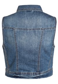 Denimväst i medelblått med krage och ärmlös design. Har strukturerade sömmar och en lätt urtvättad textur.