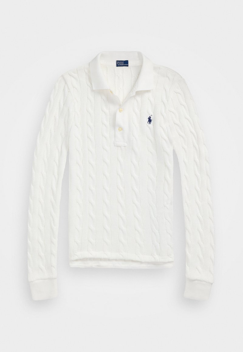 Fehér cable-knit hosszú ujjú pólóing, hálós nyakkivágással, két sárga gombbal és egy kis sötétkék logóval a bal mellkas területén.