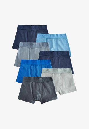 Sieben Paar Herrenboxershorts in verschiedenen Blautönen, Grau und Marineblau. Jede Shorts verfügt über einen elastischen Bund mit dem eingeprägten Schriftzug "NEXT".