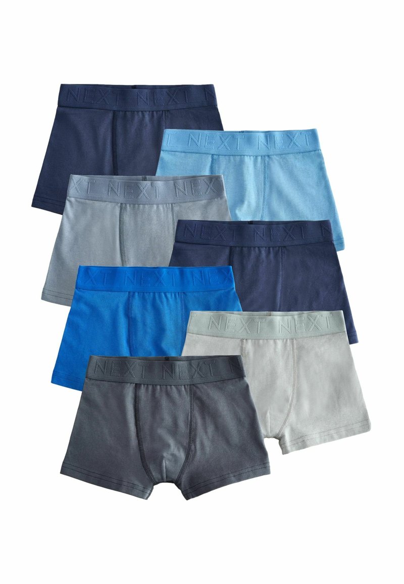 Sept paires de boxers pour hommes dans des nuances de bleu, gris et marine. Chacun dispose d'une taille élastique avec "NEXT" en relief.