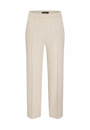 Beige textured straight-leg trousers with front crease lines and an elastic waistband, labeled "Cambio" at the back.