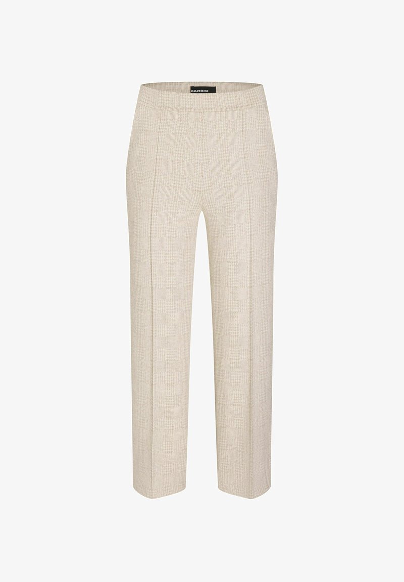 Pantalon beige texturé, coupe droite avec plis marqués à l'avant et taille élastique, étiquette "Cambio" à l'arrière.