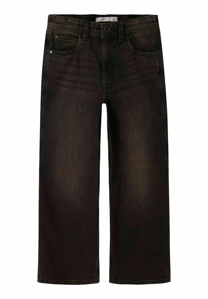 Zwarte denim wijde pijpen jeans met een vijf-pocket ontwerp, zichtbare stiksels en een knoopsluiting. Zachte textuur met een rijke kleurverloop.