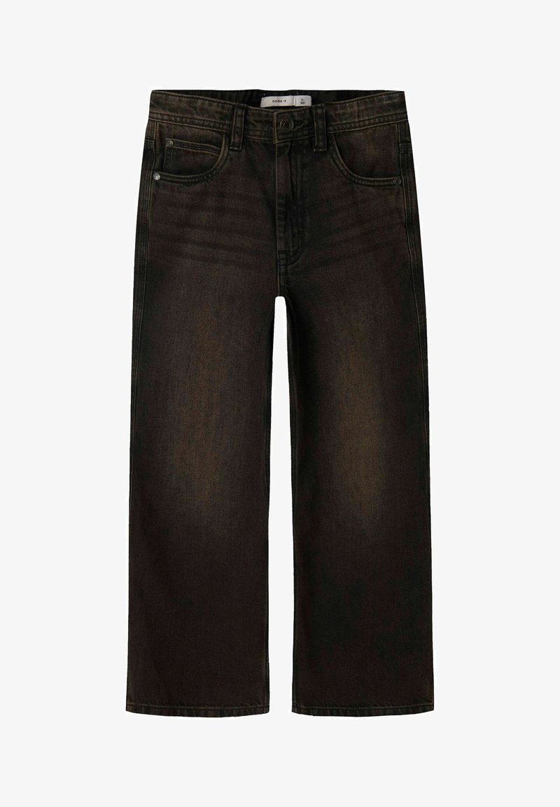 Črne široke traper hlače z petimi žepi, vidnim šivom in gumbom za zapiranje. Mehka tekstura z bogatim barvnim prehodom.