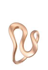 Rosaguld snoet ring med et flydende, bølgende design, glat overflade og afrundede kanter, der har en subtil søm og mærker indeni.