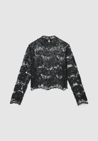 Blusa nera in pizzo con maniche lunghe, motivo floreale e orlo smerlato. Presenta un'apertura a chiave sul retro e dettagli in perline intricate.