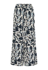 Wide-leg trousers in a cream base with a floral pattern in navy and light blue. Features an elastic waistband and drawstring detail.