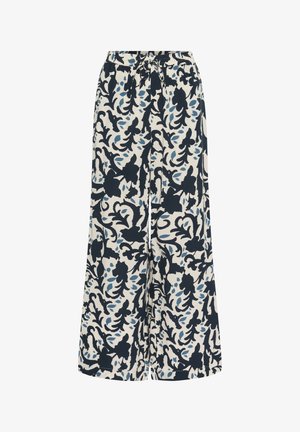 Platuma kāju bikses krēmkrāsas pamata ar ziedu rakstu tumši zila un gaiši zila krāsā. Piedāvā elastīgu jostasvietu un aukliņas detaļu.