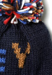 Bonnet en tricot bleu marine avec un pompon multicolore et un emblème logo marron. Présente des motifs texturés et un ajustement confortable.