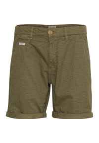 Olive green men's shorts with small black diamond pattern, cuffed hems, button closure, and side pocket with brand label.