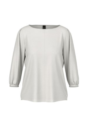 Light gray long-sleeve blouse with a round neckline, gathered cuffs, and a vertical seam down the front center.