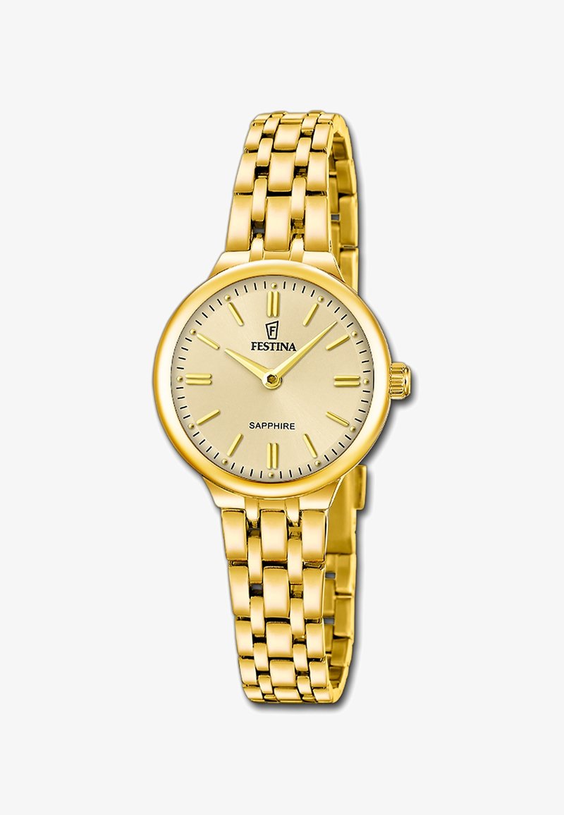 Montre Festina ton or avec bracelet à maillons, cadran rond, aiguilles des heures minimalistes et verre saphir.