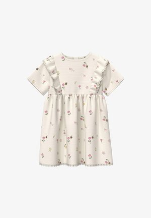 Robe pour tout-petit couleur crème avec manches courtes, imprimé floral et abeilles, bordure en dentelle et détails froncés sur la poitrine et les épaules.