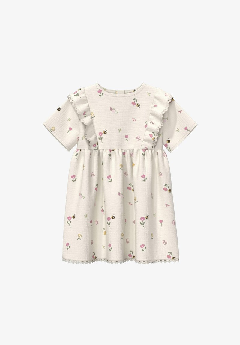 Robe pour tout-petit couleur crème avec manches courtes, imprimé floral et abeilles, bordure en dentelle et détails froncés sur la poitrine et les épaules.