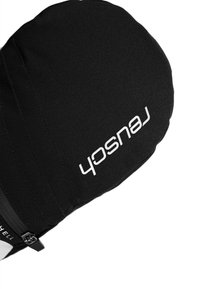 Black mitt with a soft, textured fabric. Features a white logo printed on the front and a small zipper detail along the side.