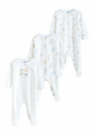 Tre langærmede babykropdragter i hvid med dyremønstre og blødt stof. Den ene har knaplukning og dekorative detaljer.