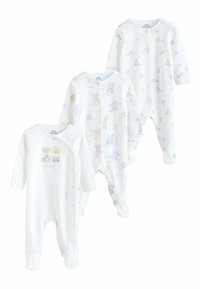 Tri biele dojčenské body s dlhými rukávmi, zdobené zvieracími vzormi a vyrobené z mäkkej tkaniny. Jedno z nich má zapínanie na cvoky a dekoratívne prvky.