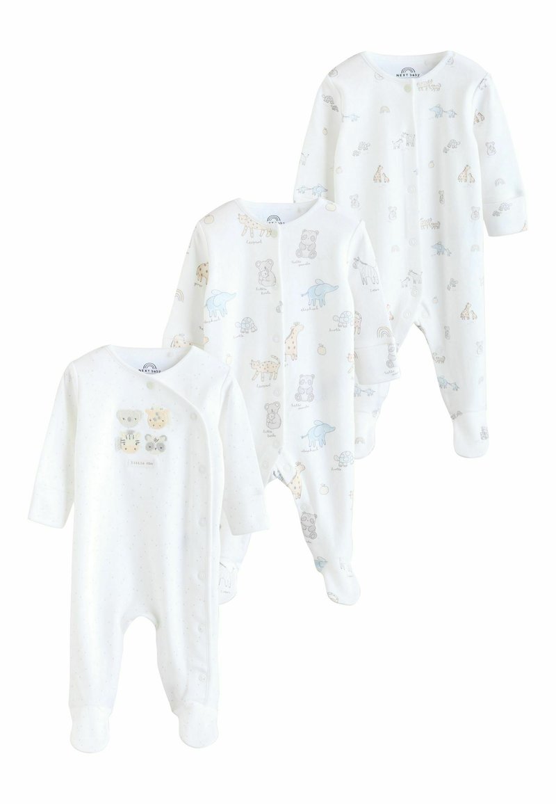 Tri biele dojčenské body s dlhými rukávmi, zdobené zvieracími vzormi a vyrobené z mäkkej tkaniny. Jedno z nich má zapínanie na cvoky a dekoratívne prvky.