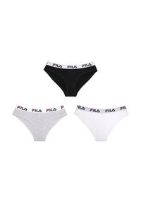 Culottes bikini pour femmes en noir, gris et blanc, chacune avec une ceinture blanche arborant le logo FILA en noir et rouge.